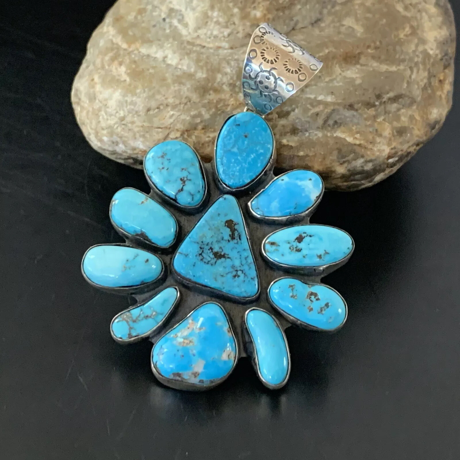 Kingman Turquoise Navajo Sterling Silver Cluster Pendant 3″ 11520