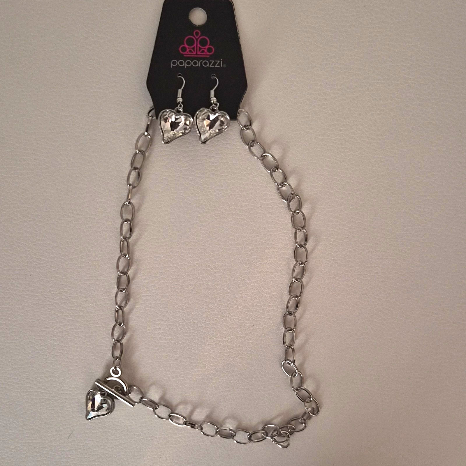 Paparazzi Silver Tone Heart Clear Rhinestone Bracelet & Dangle Earrings Set