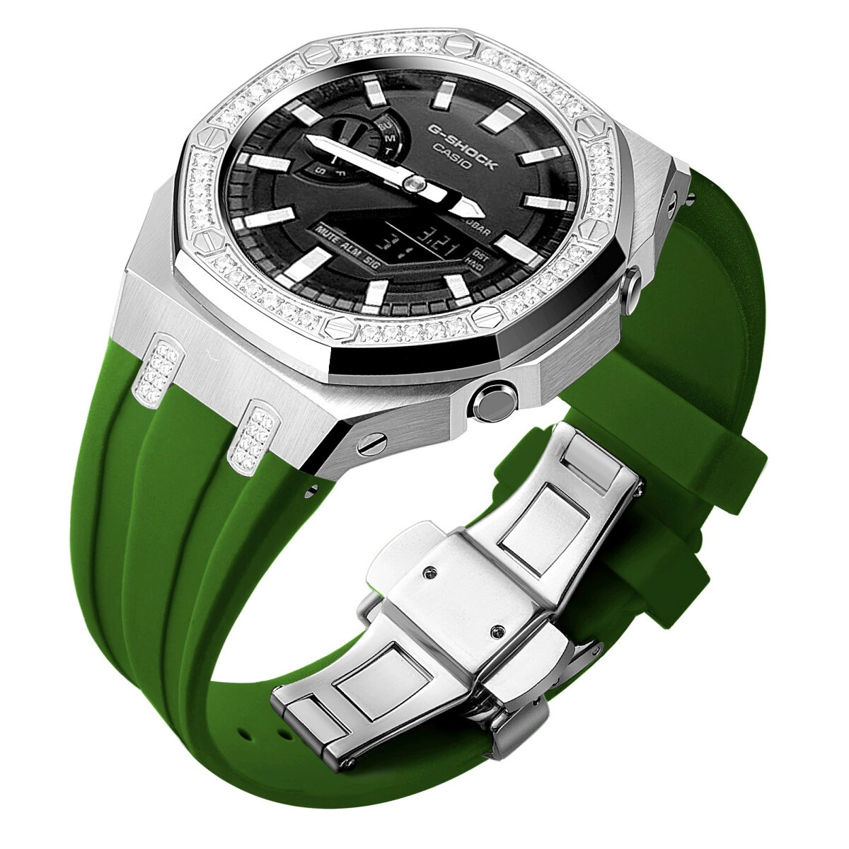 Bling Diamond Stainless Steel Bezel Mod Kit Case Band for G-SHOCK GA-2100 GA2110