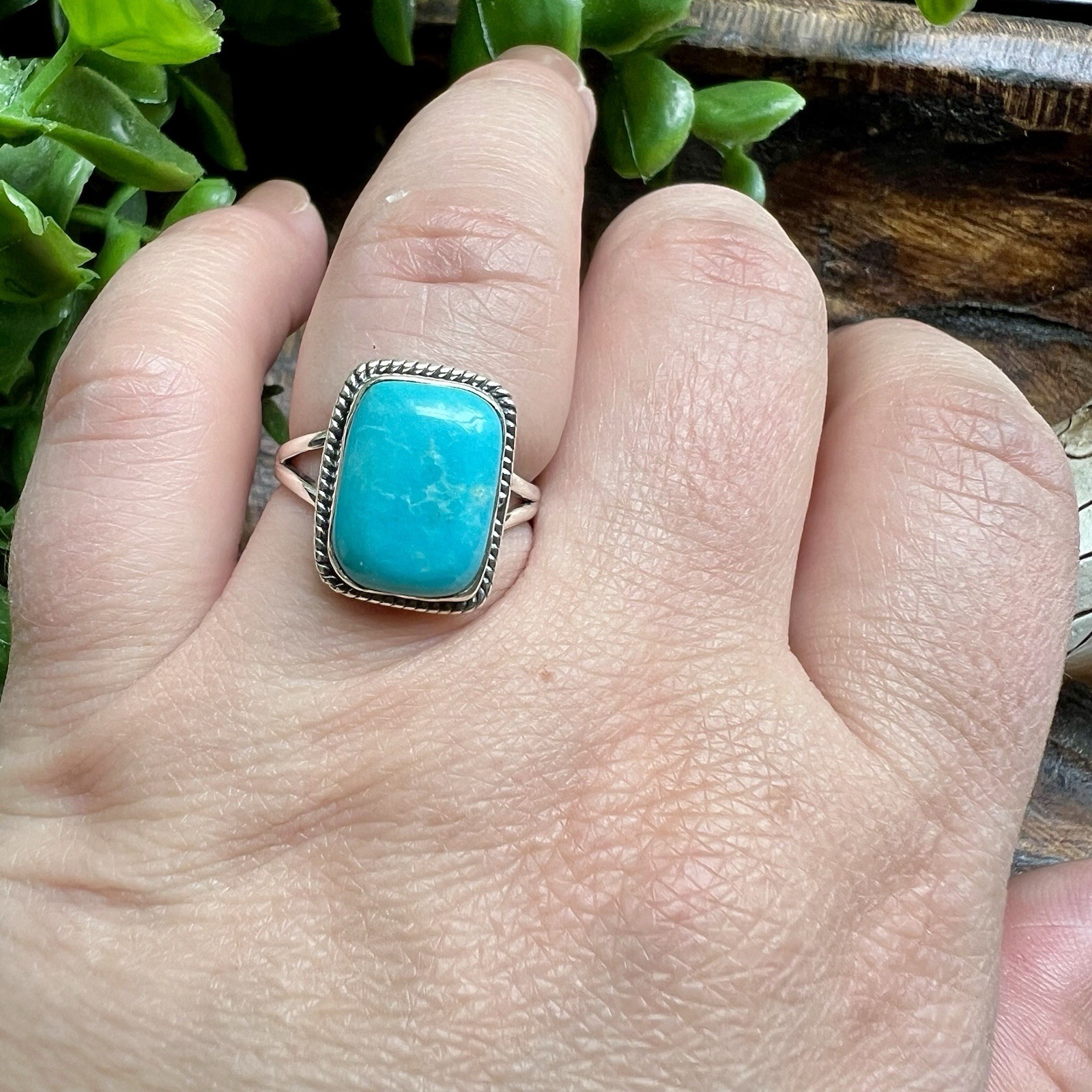 925 Sterling Kingman Turquoise Ring Size 7.25 Rectangular Cabochon