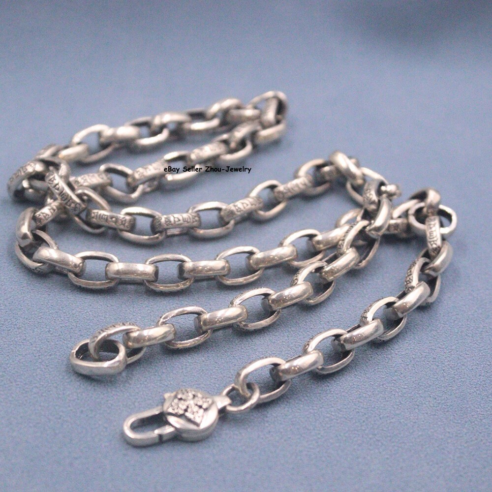 Real S925 Sterling Silver Chain Six Words Oval O Link Necklace 58-59g 23.6inch