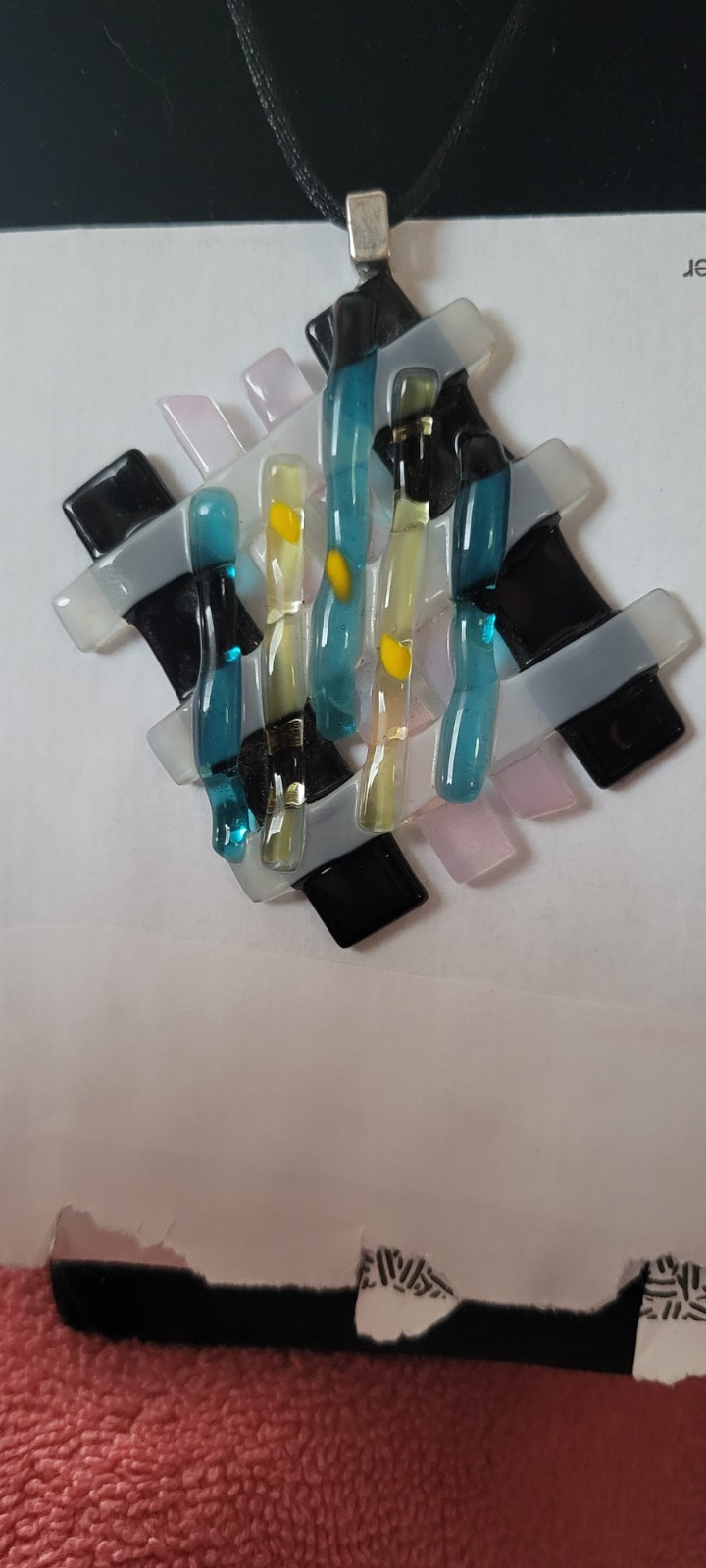 Multicolor Fused Glass Square Pendant Necklace, Black Cord, Extender Unique