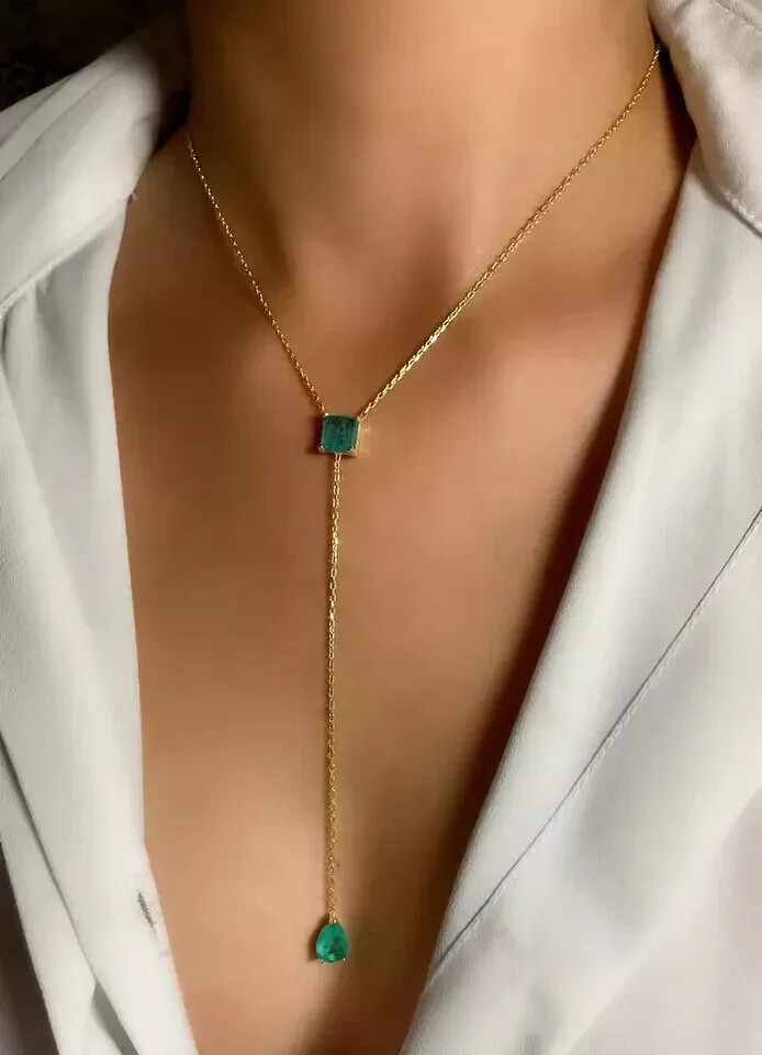 2CT Emerald Long Layering Y Drop Lariat Pendant Necklace 14K Yellow Gold Plated