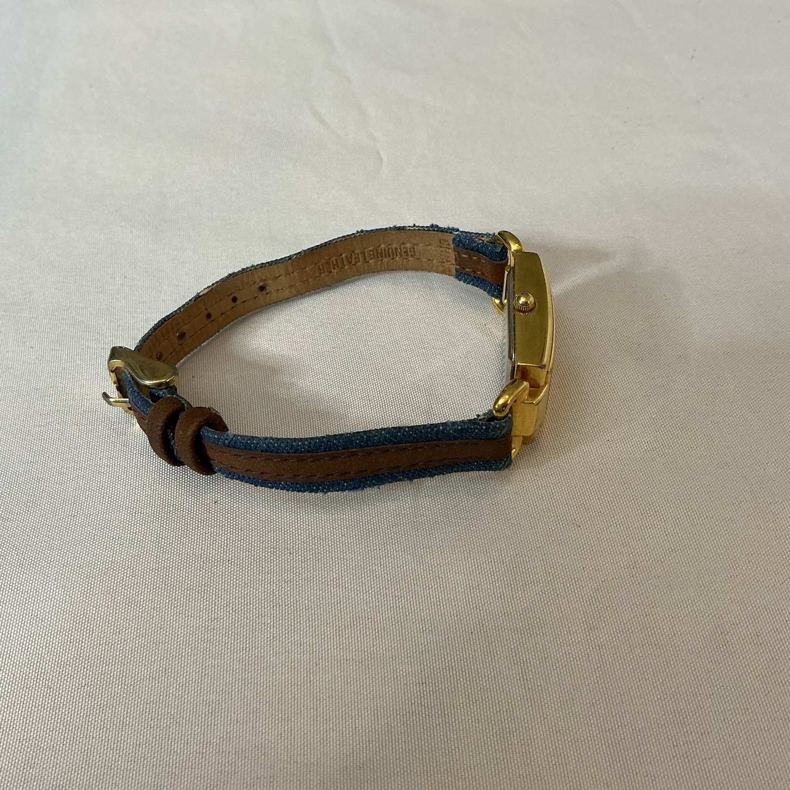 Joan Rivers Classics Watch V377 Denim W/Leather Strap Gold Plate Japanese Mvmt