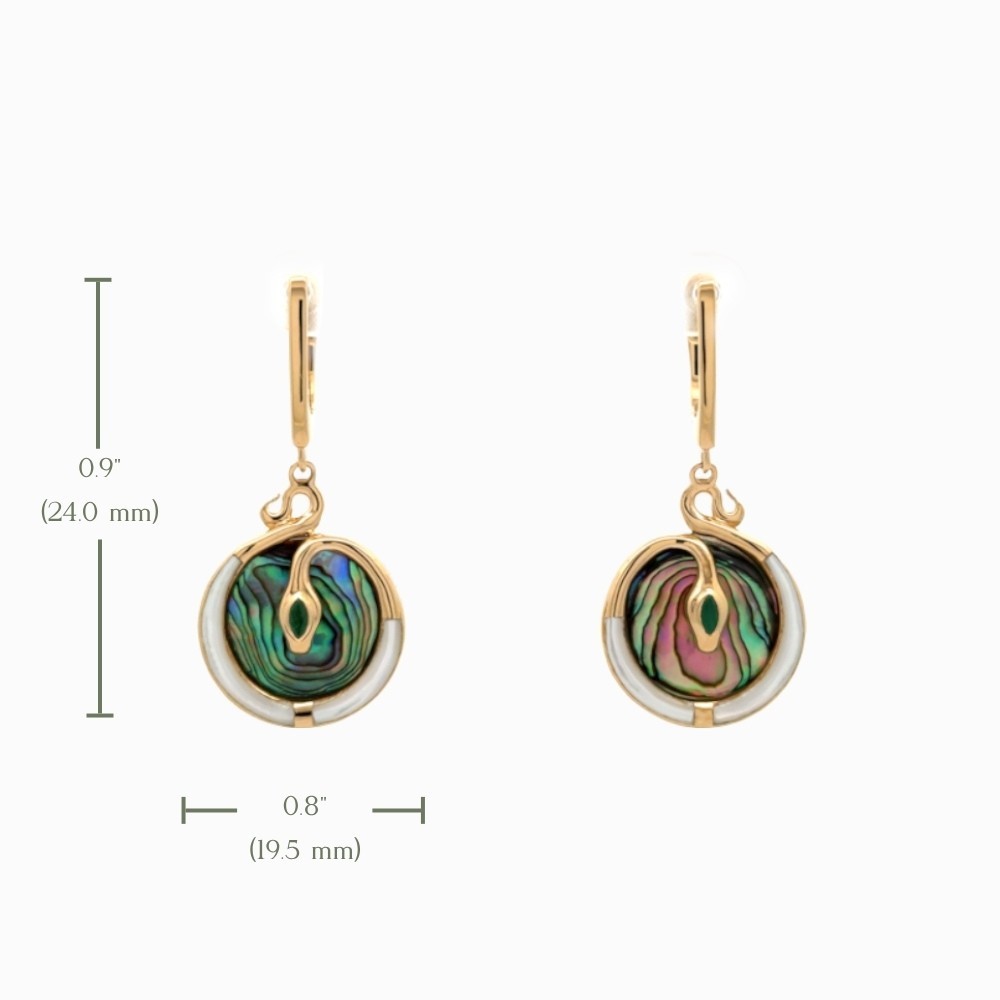 925 Silver Gold Plated Snake Earrings Abalone Inlay & White MOP & English Lock