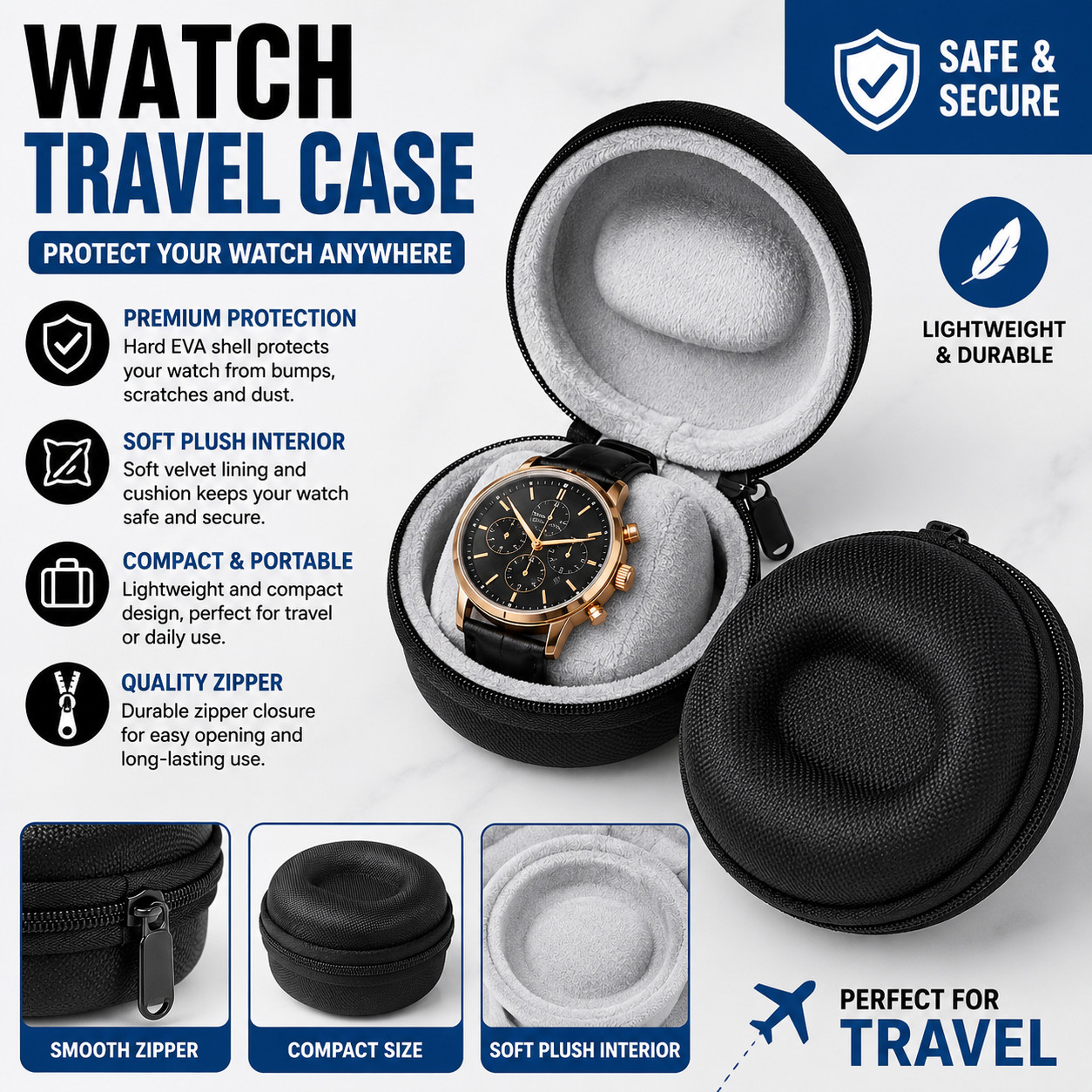Portable EVA Watch Travel Case Waterproof Zipper Watch Storage Organizer Box