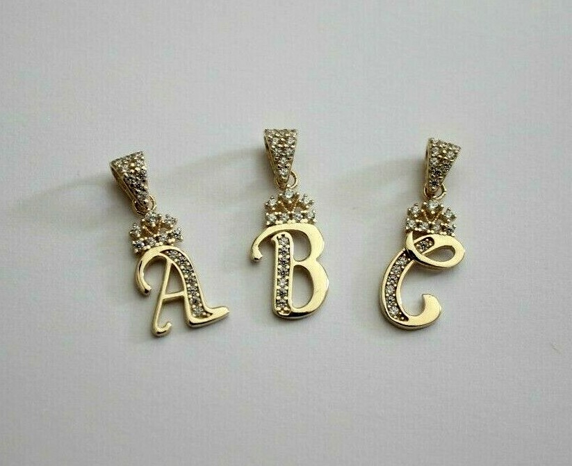 10K Yellow Gold Crown Initial Letter Pendant Charm with CZ for Ladies Woman Girl