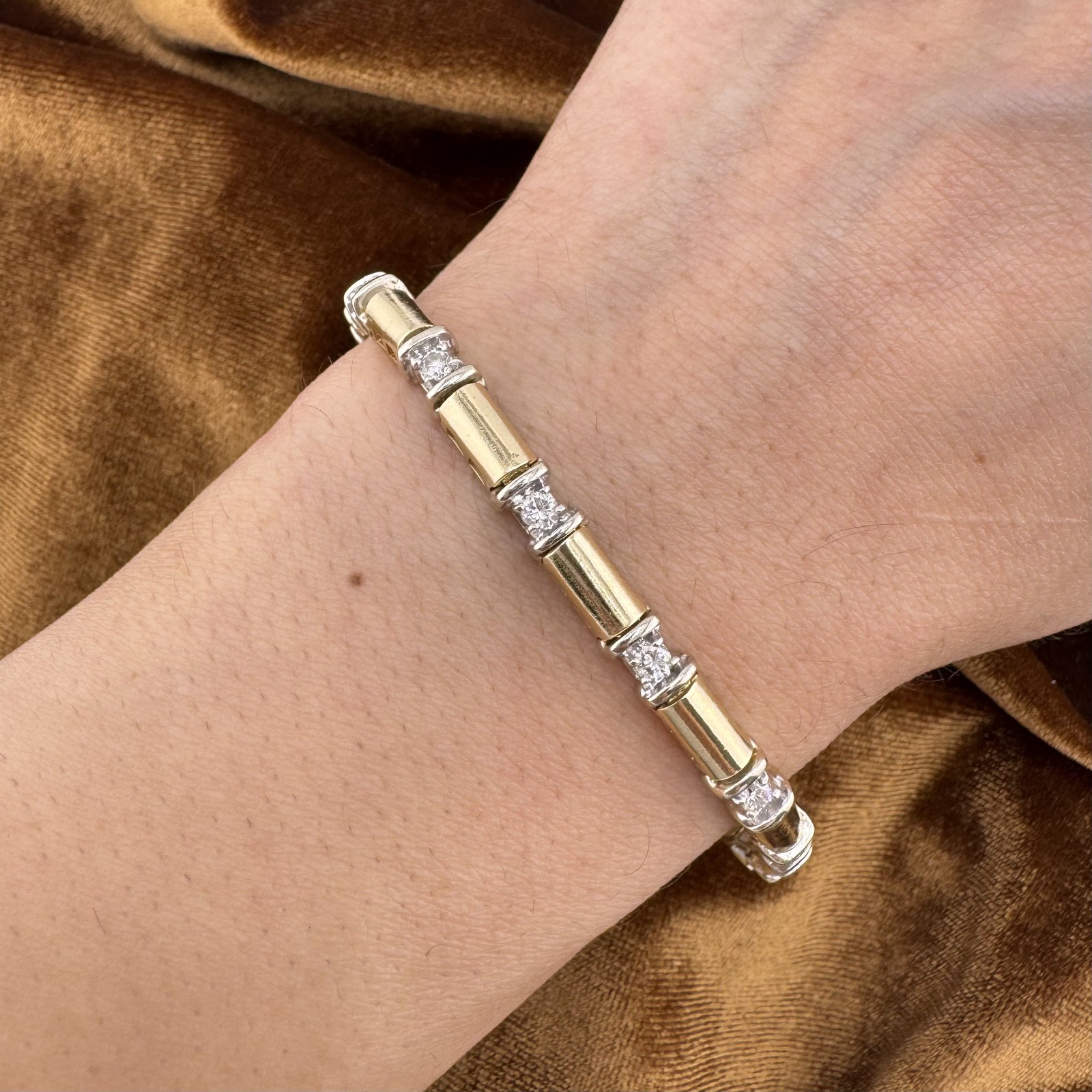 Vintage 80s-90s 14K Two Tone Gold Bamboo-Style Diamond Line Bracelet