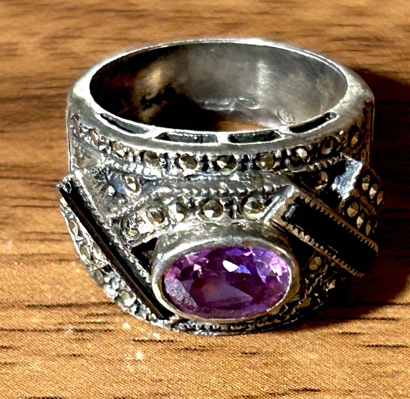 Vintage Wide Band Sterling Ring With Amethyst Marcasite And Onyx Signed Size 6