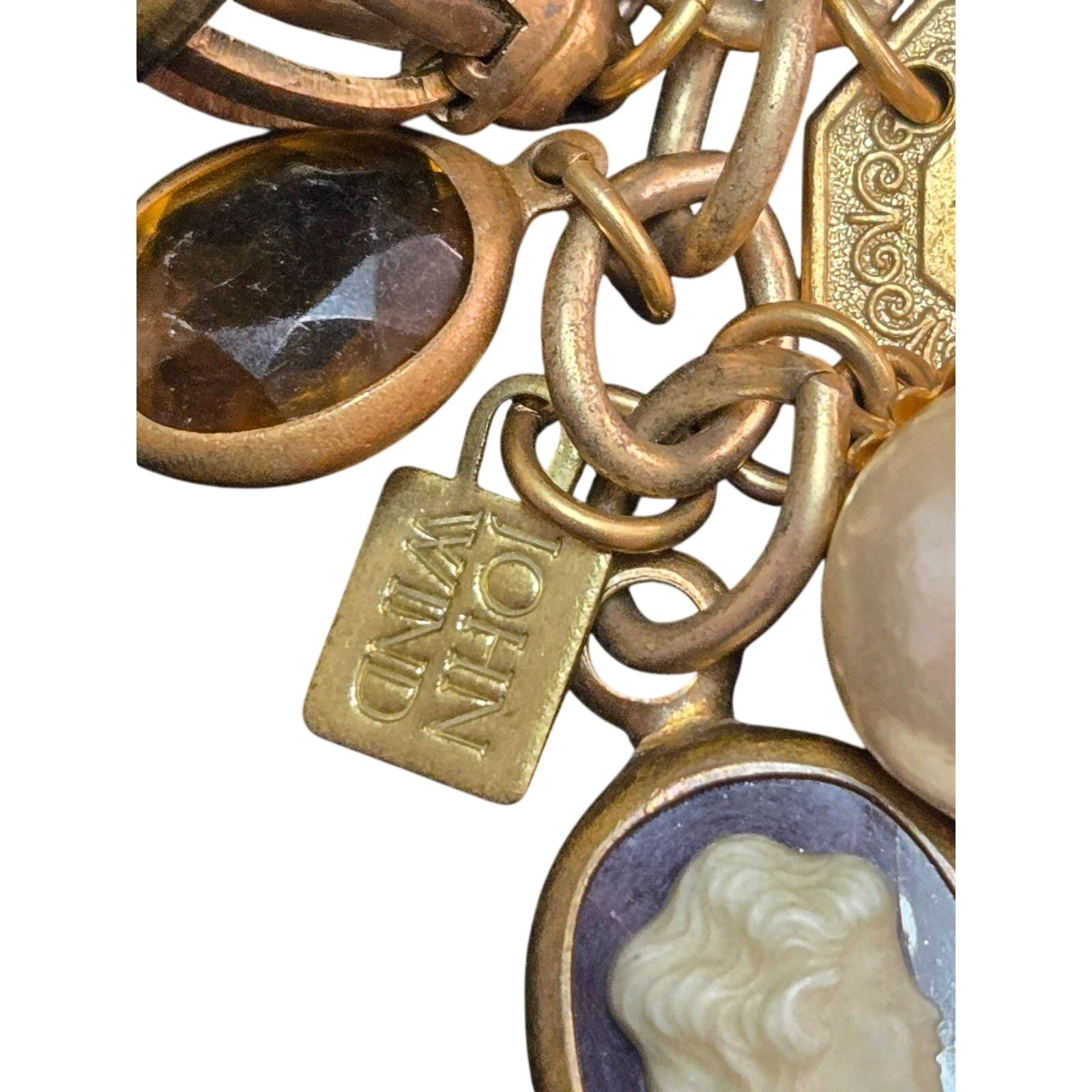 Vintage John Wind Safety Pin Brooch with Key, Cameo, Faux Pearl Charms