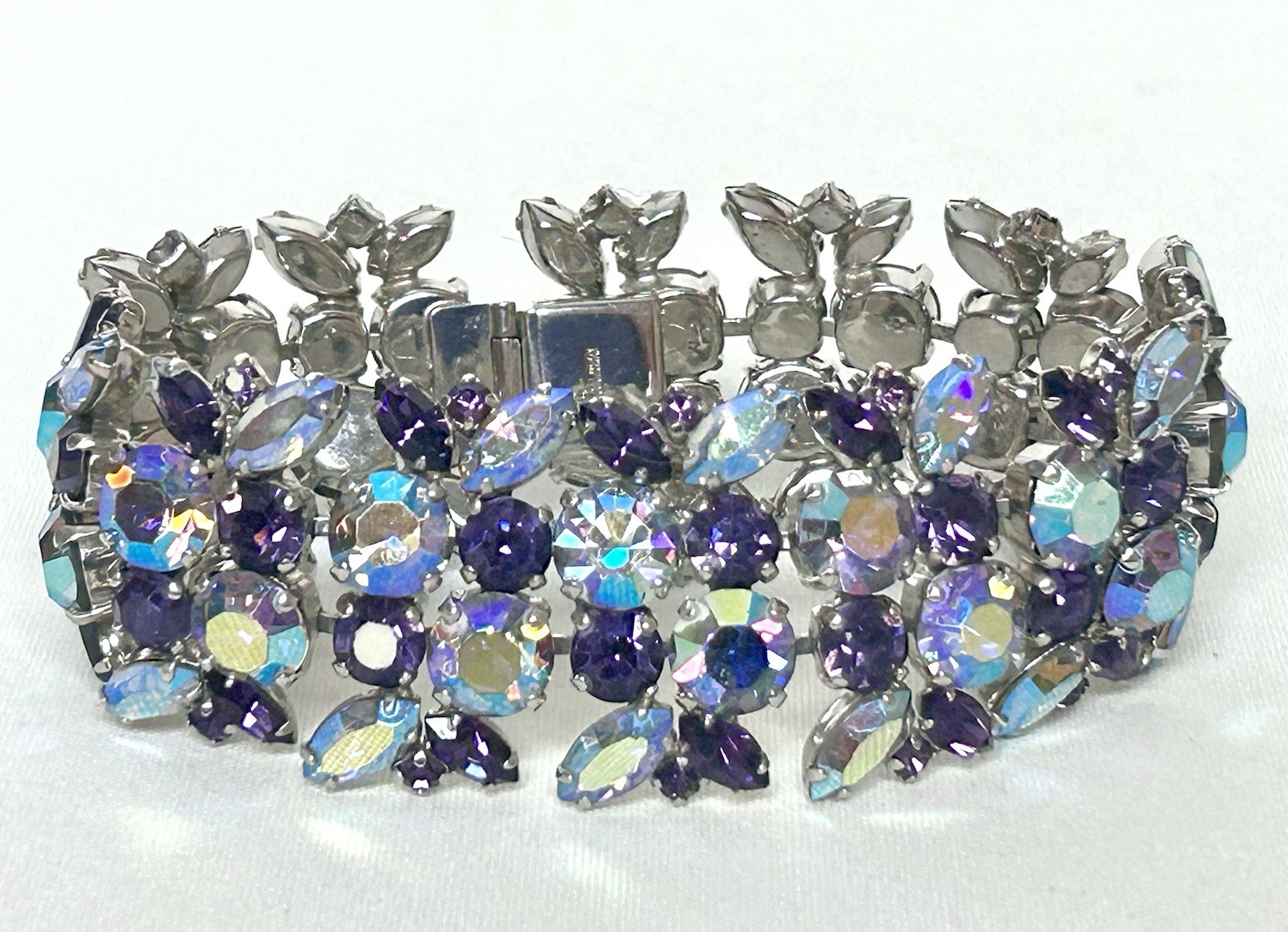 Signed Sherman Rhinestone Bracelet & Earrings Purple & AB Rhinestones
