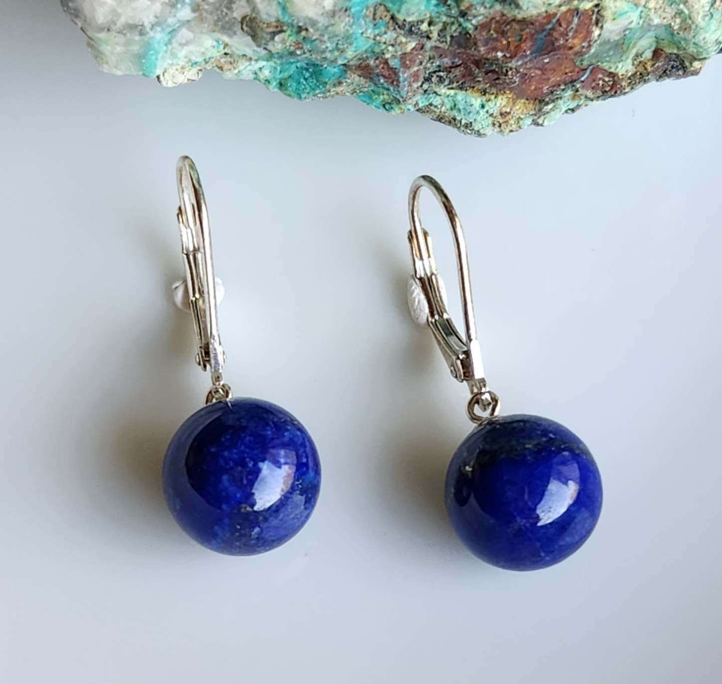 Natural Lapis Lazuli Tear Drop Round 10.2mm LEVER BACK 1” EARRINGS 925 Silver