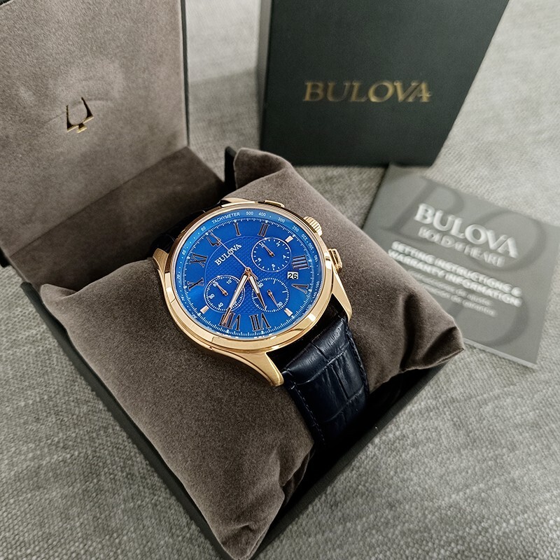 Bulova Wilton Men’s Blue Dial Croco Pattern Leather 97B170 Quartz Watch 46.5mm