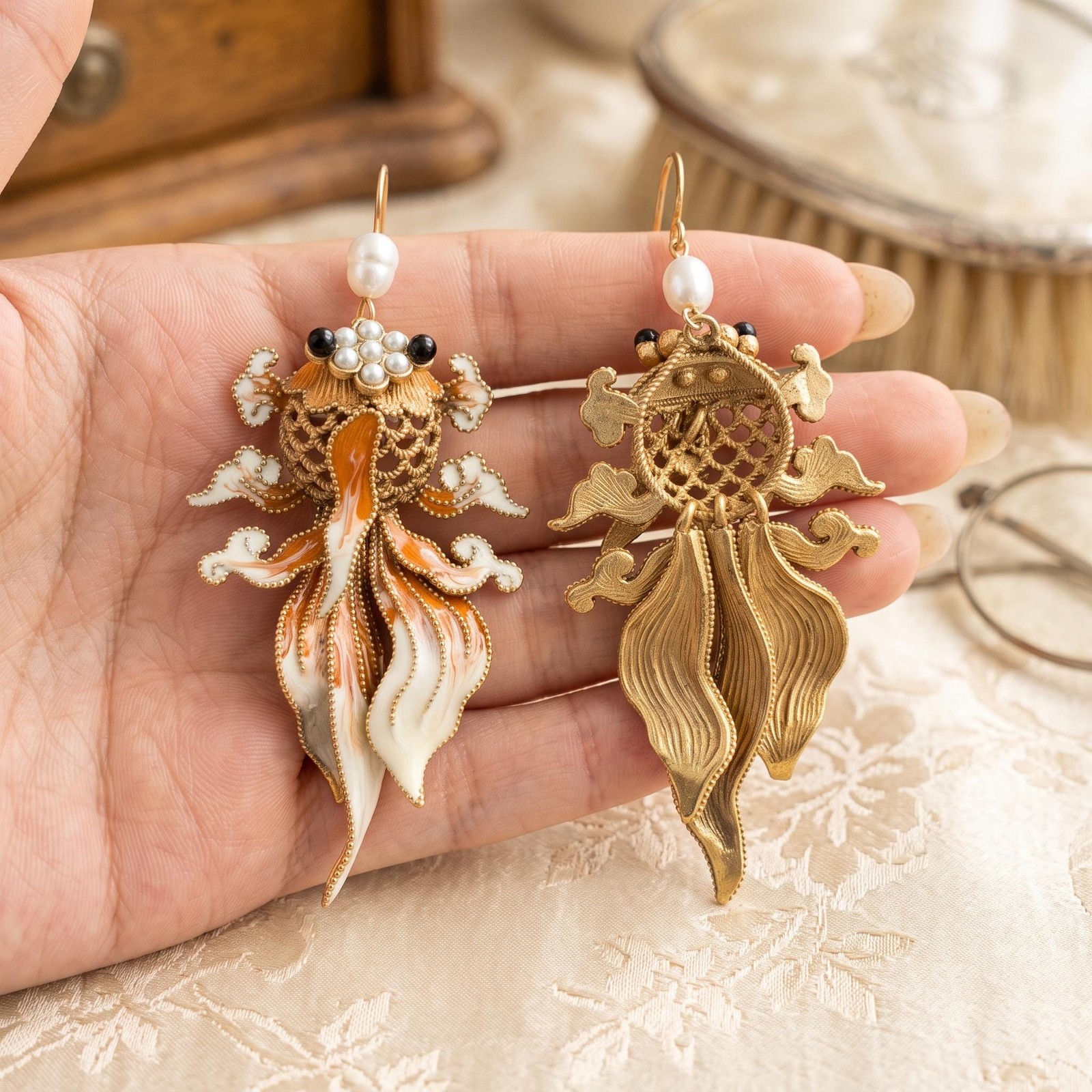 Koi Fish Drop Earrings Gold Enamel Pearl Orange Carp Art Deco Long Dangle Hook