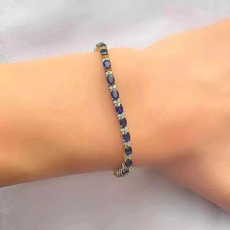 7Ct Oval Cut Lab-Created Blue Sapphire Tennis Bracelet 14K Yellow Gold Plated