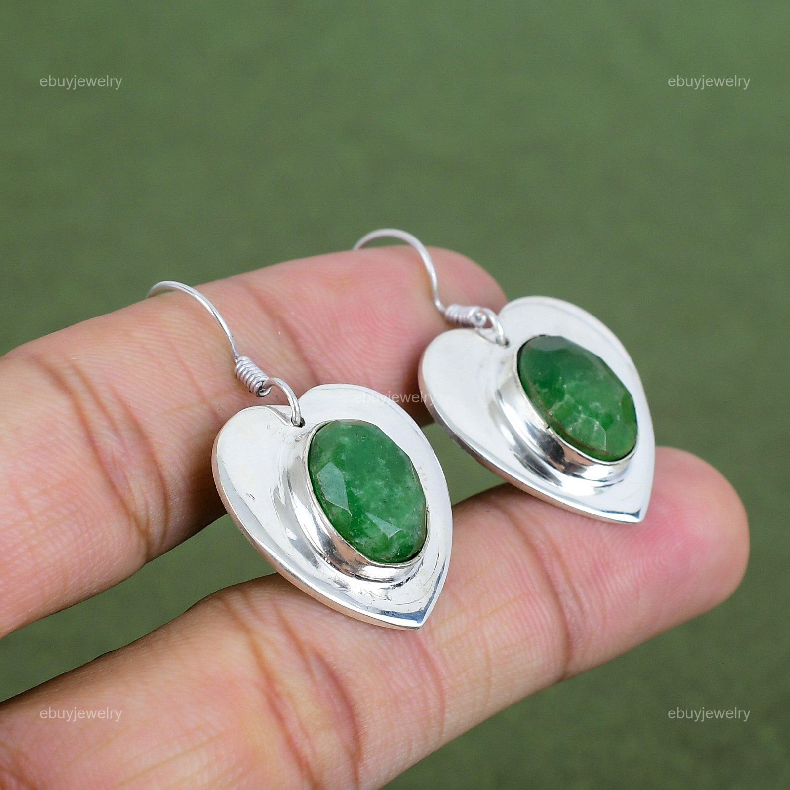 925 Sterling Silver Zambian Emerald Gemstone Dangle Drop Mother Heart Earrings