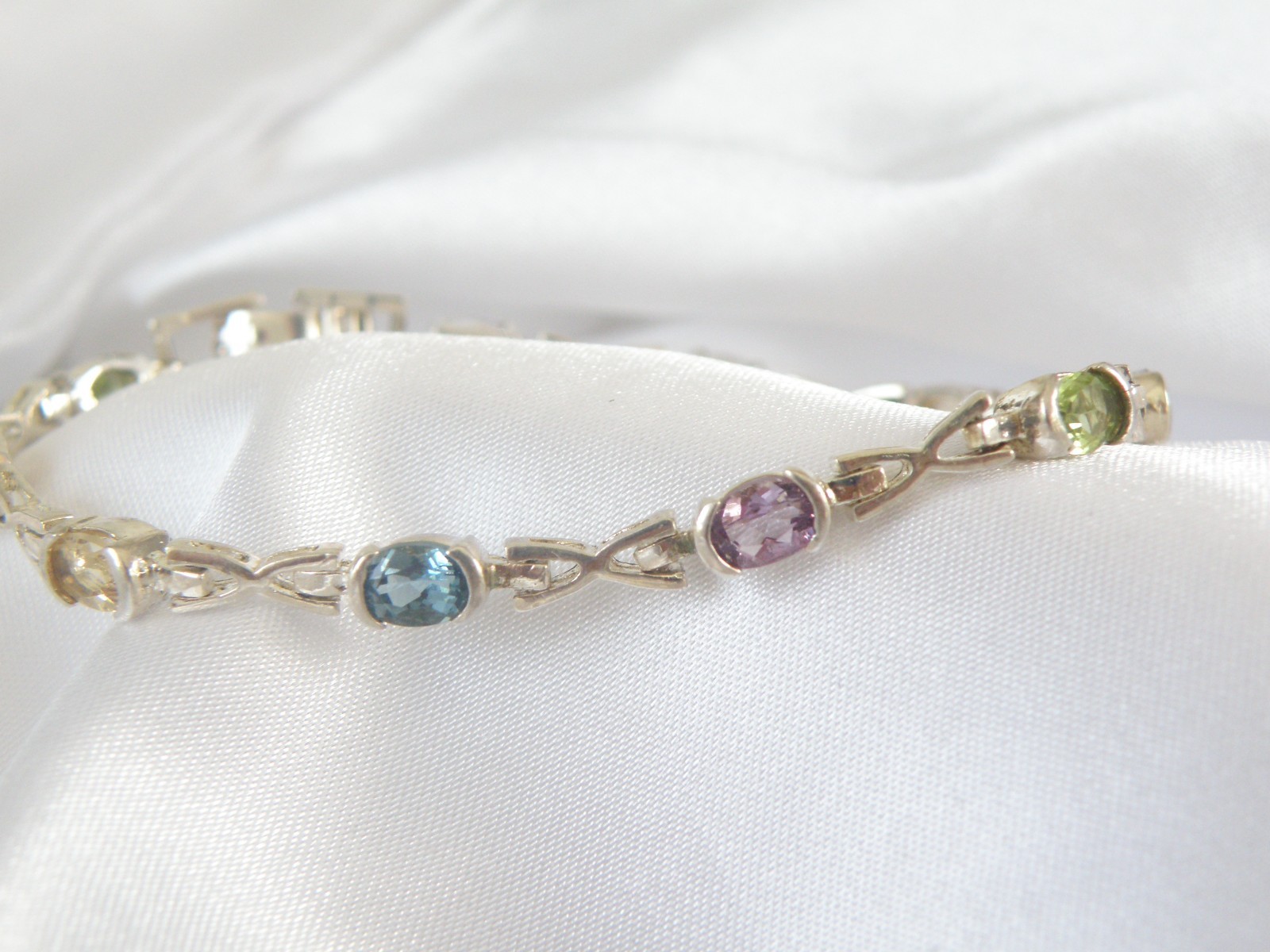 Vintage Sterling Silver 925 Gemstone Tennis Station Link Bracelet 7″