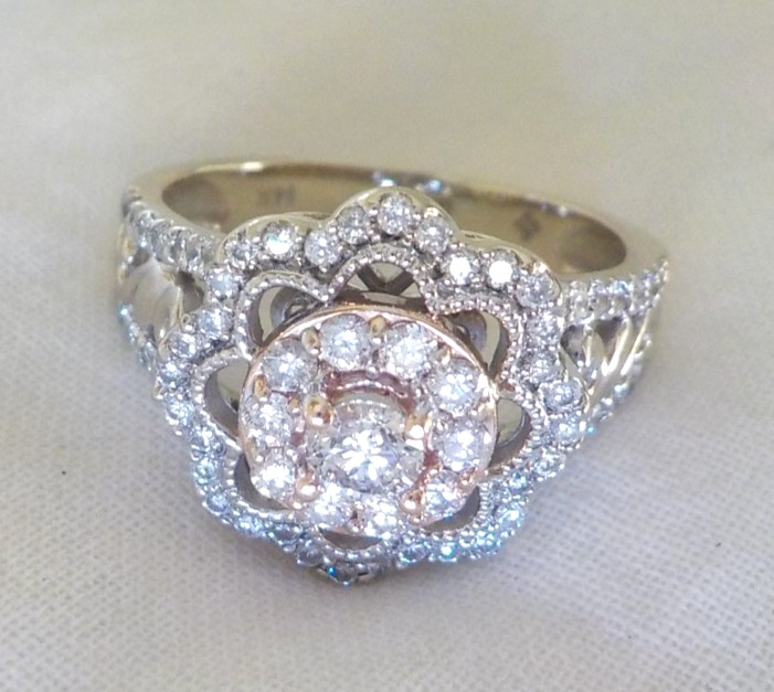 Vera Wang 14K Multi Gold Floral Diamond Halo Ring – 5.67 gms, Sz 7.75, 0.82 ctw