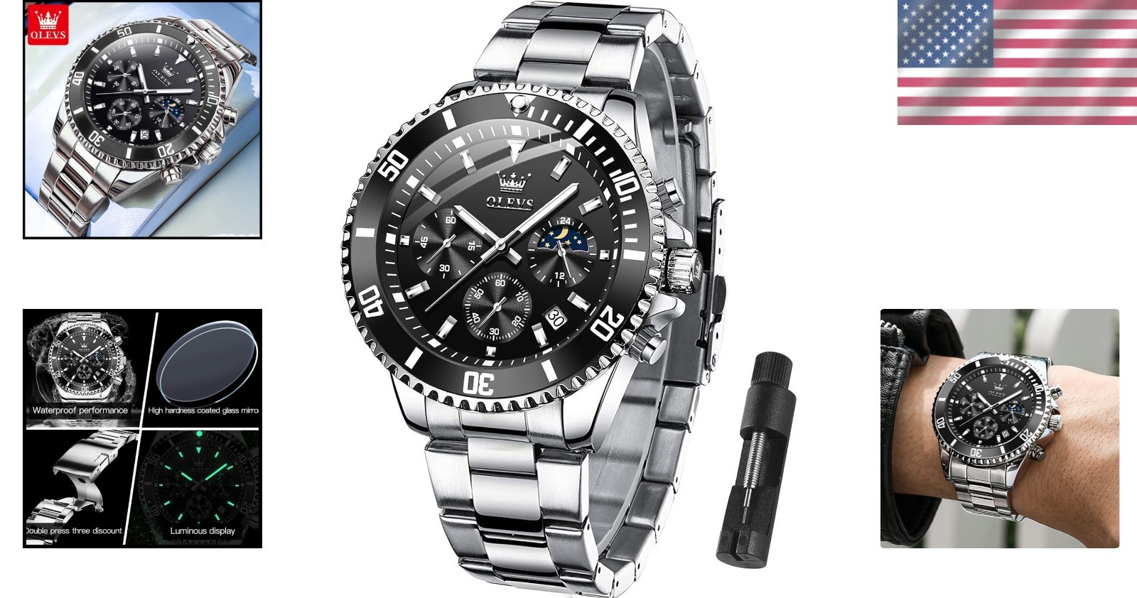 Moon Phase Men’s Watch – Luxury Waterproof Chronograph with Crystal Dial