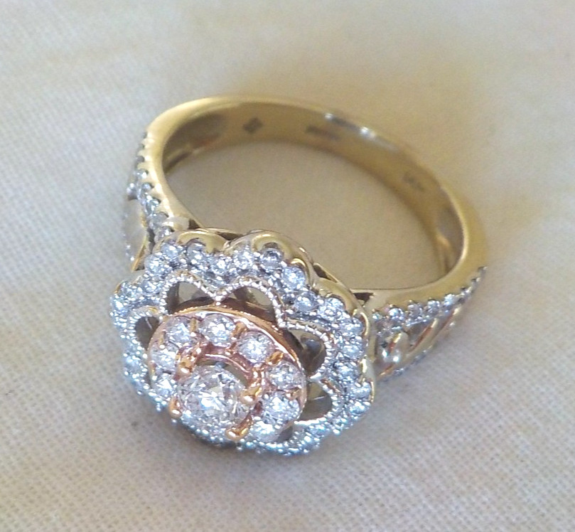 Vera Wang 14K Multi Gold Floral Diamond Halo Ring – 5.67 gms, Sz 7.75, 0.82 ctw