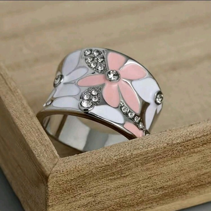 Silver-Plated Zinc Enamel Flower Resin And Micro-Inlaid CZ Ring Size 5