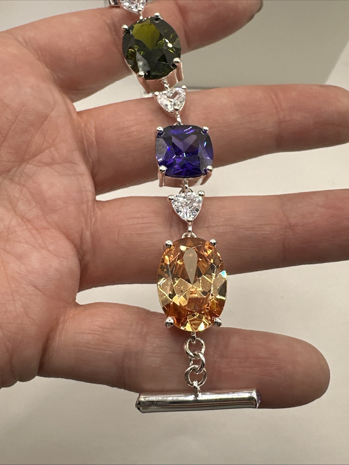 Beautiful Silver Tone NVC Multicolored Cut Crystal Link Bracelet 7-8.5”