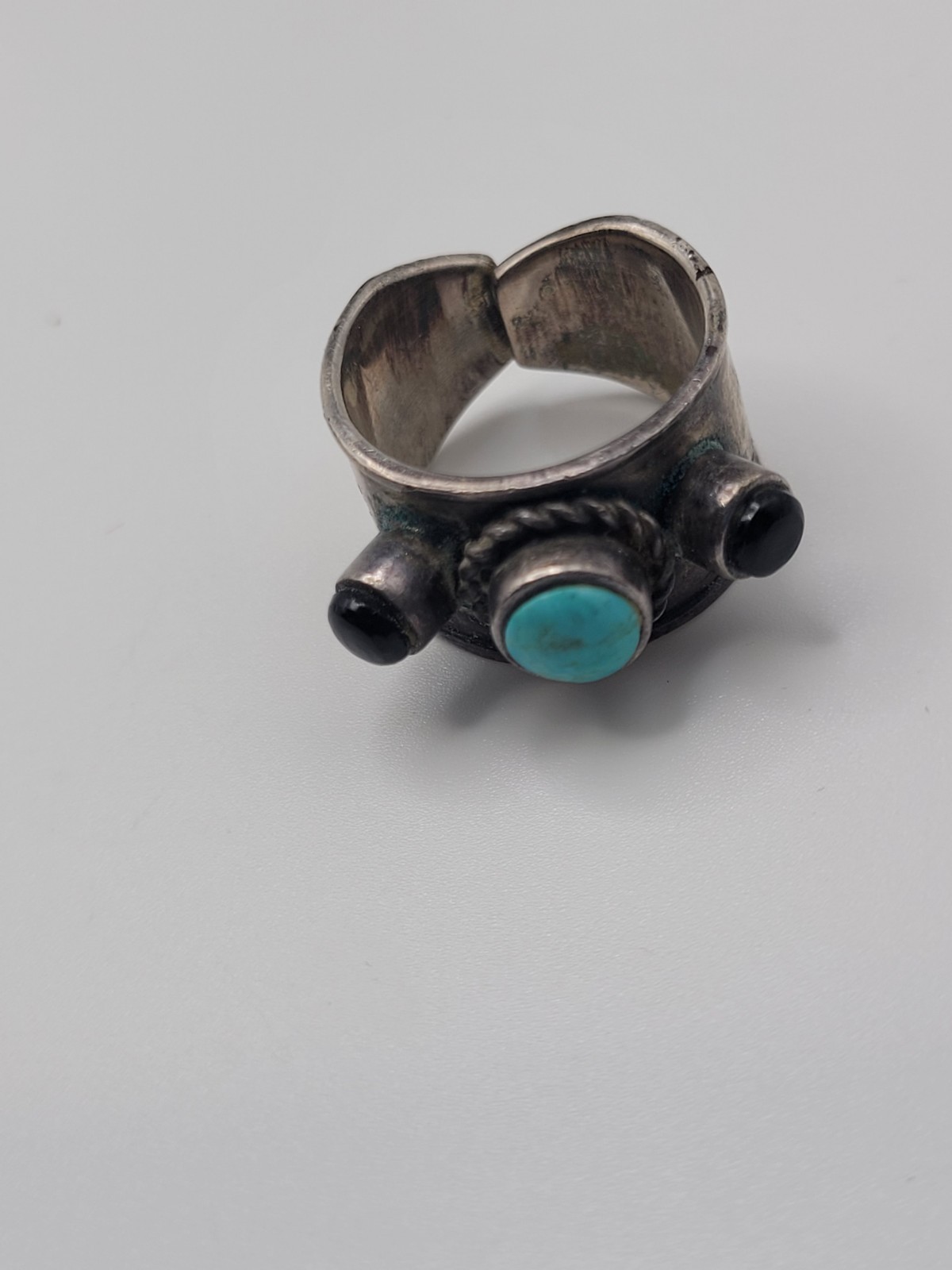 925 Sterling Thailand Ring Size 6 Adj Turquoise Handmade Wide Band One of a Kind
