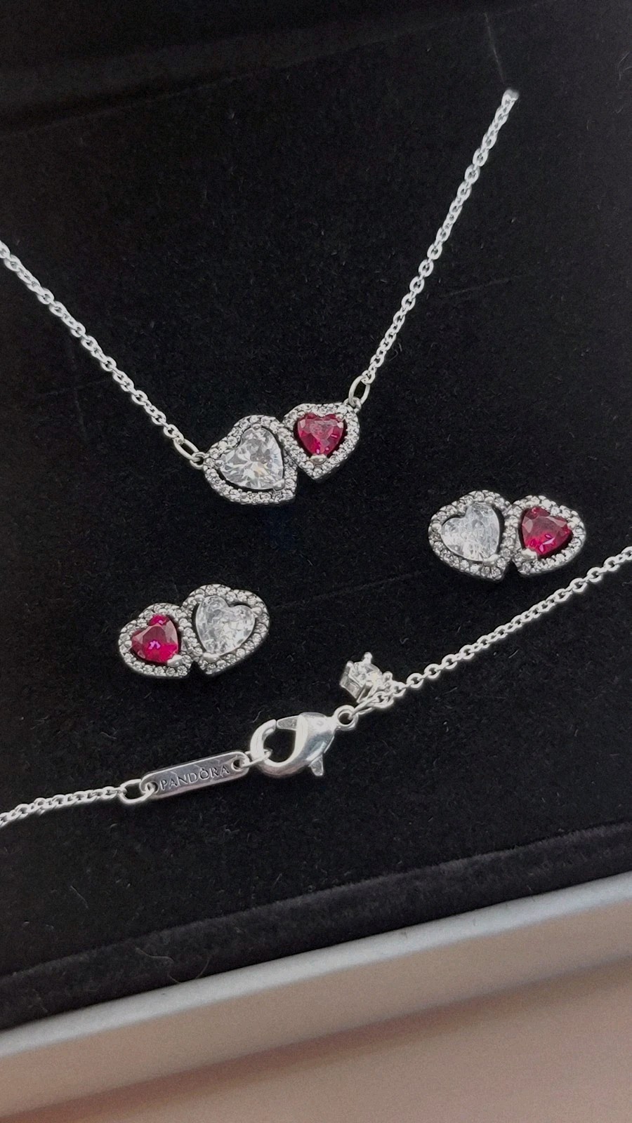 NEW PANDORA Red White Halo Heart Stud & Necklace Gift Set 293633C01 393632C01