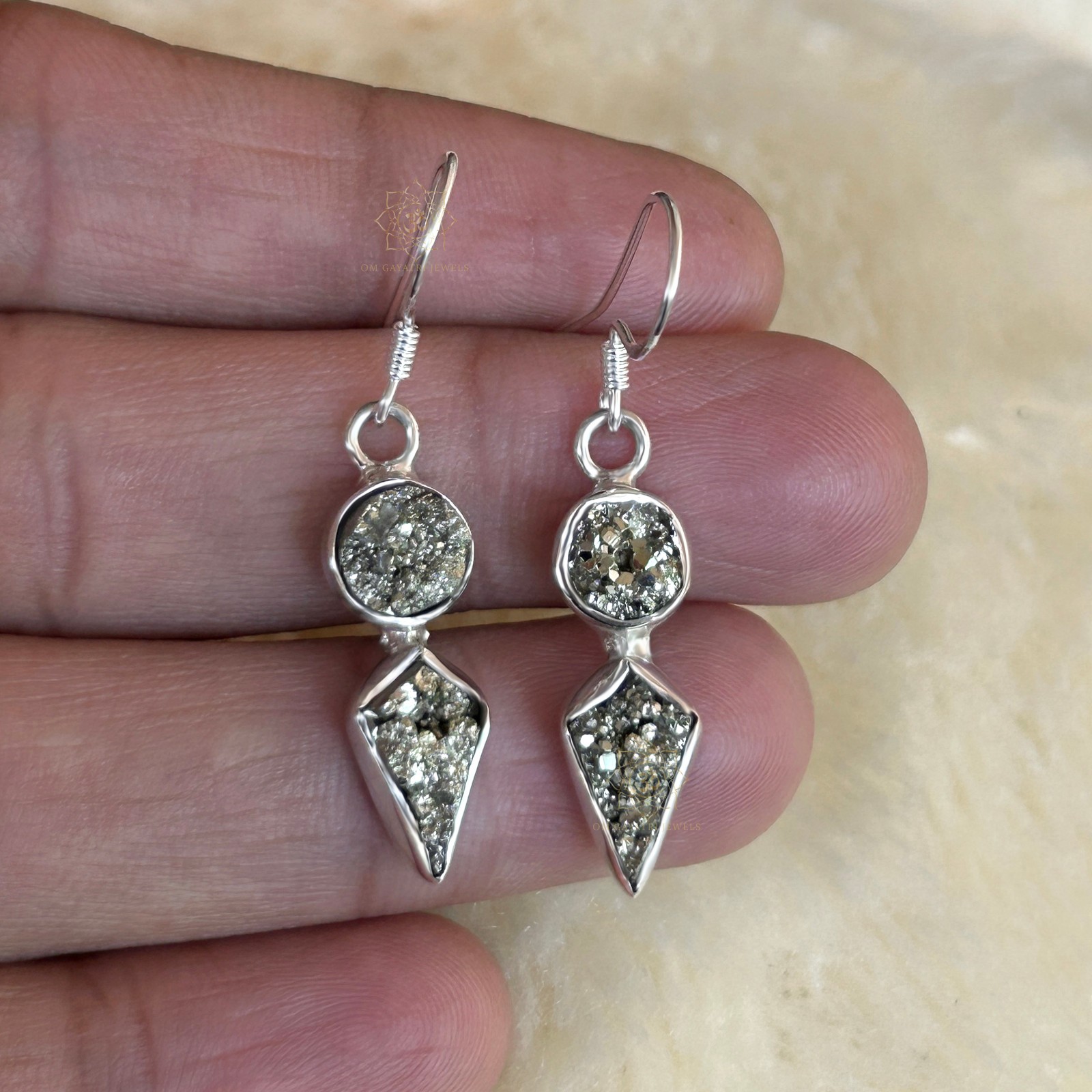Natural Pyrite Earrings 925 Streling Silver Kite And Round Dangle Earrings