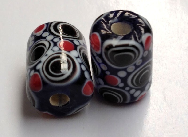 10pcs handmade Lampwork glass beads white circle red dot black cylinder 10*15mm