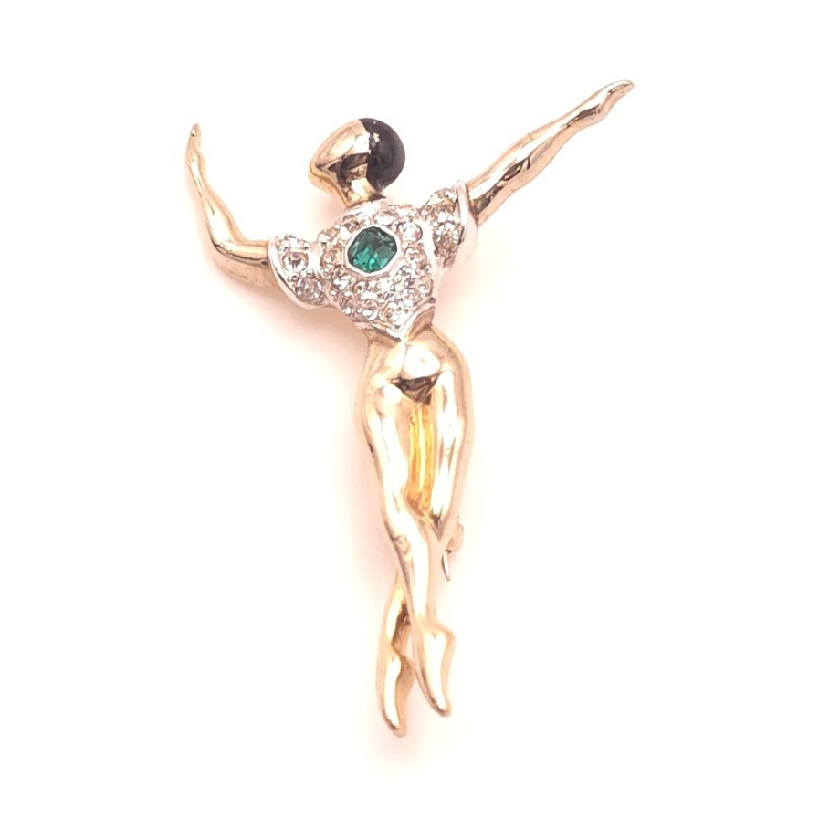 Vintage Boucher Signed Gold Tone Dance Brooch Pin Green Rhinestone