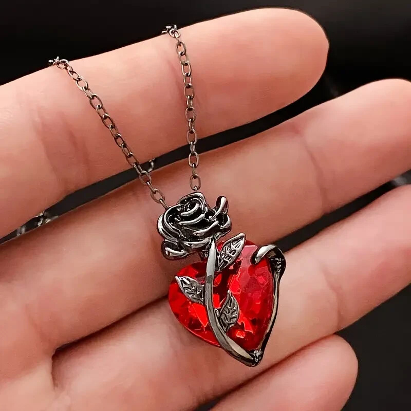 Rose Flower Pendent Necklace Gift Fashion Red Heart Shape Gemstone Jewelry Gift