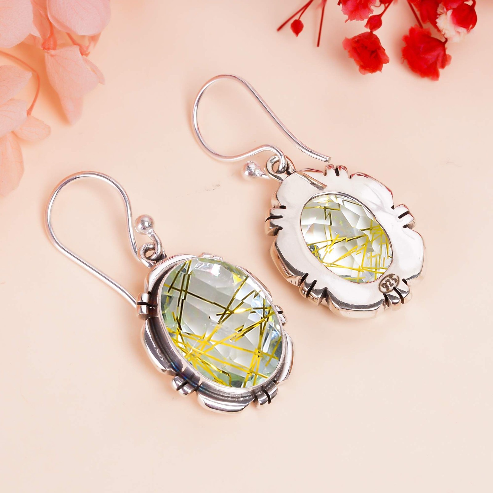 GOLDEN RUTILATED QUARTZ – SIMULATED 925 STERLING SILVER EARRING