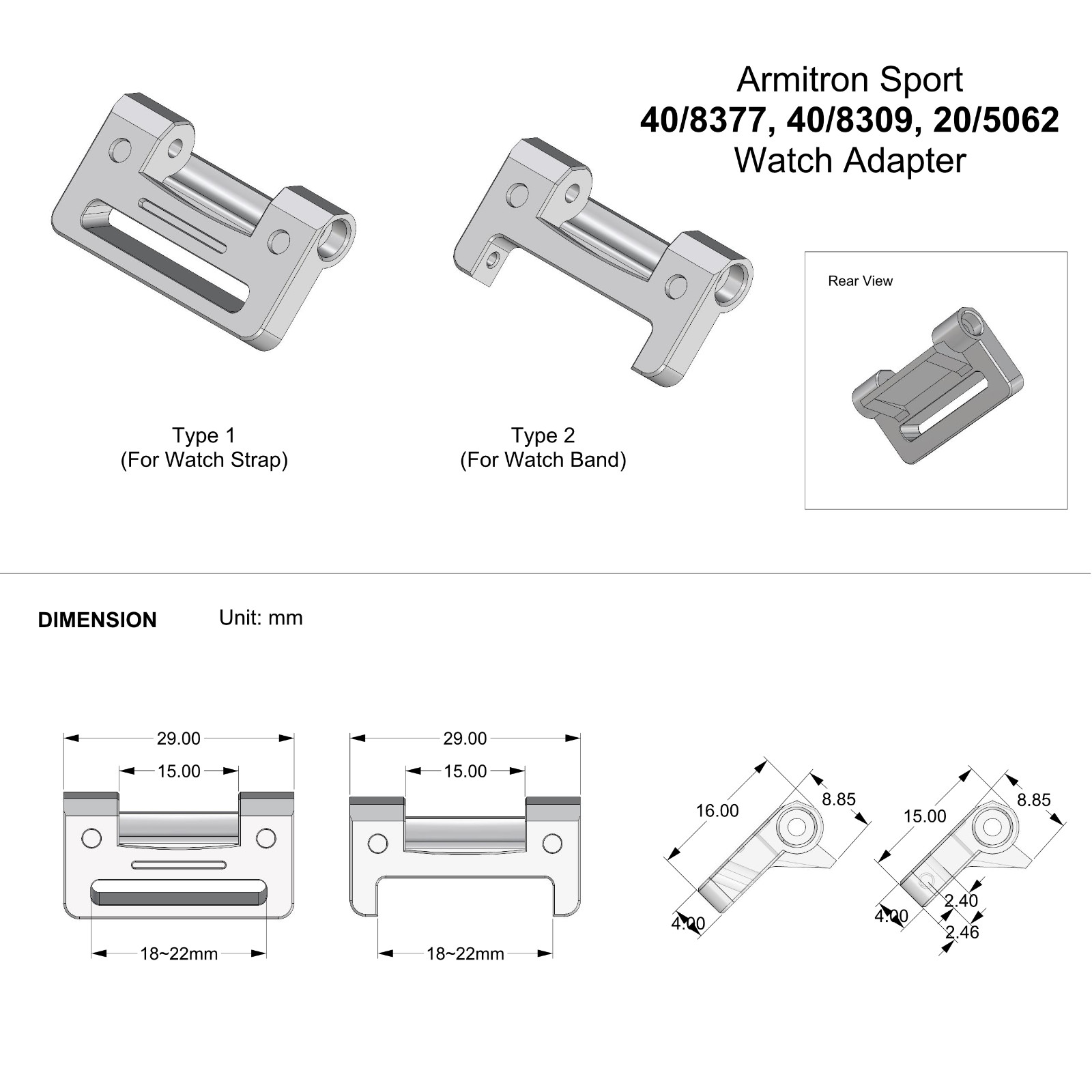 PLA Strap Adapter for Armitron Sport Watch 40/8377DGN, 40/8254BLK