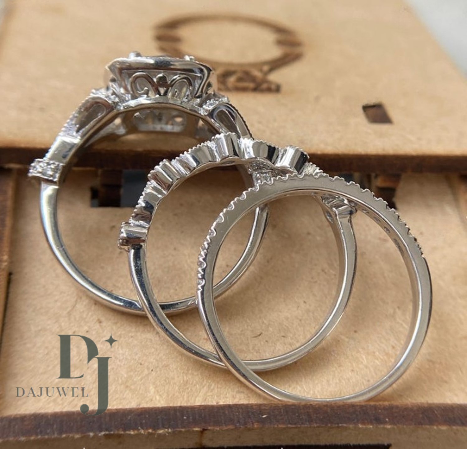 3.30 CT Round Cut VVS1 Moissanite Trio Set Engagement Ring Solid 14K White Gold