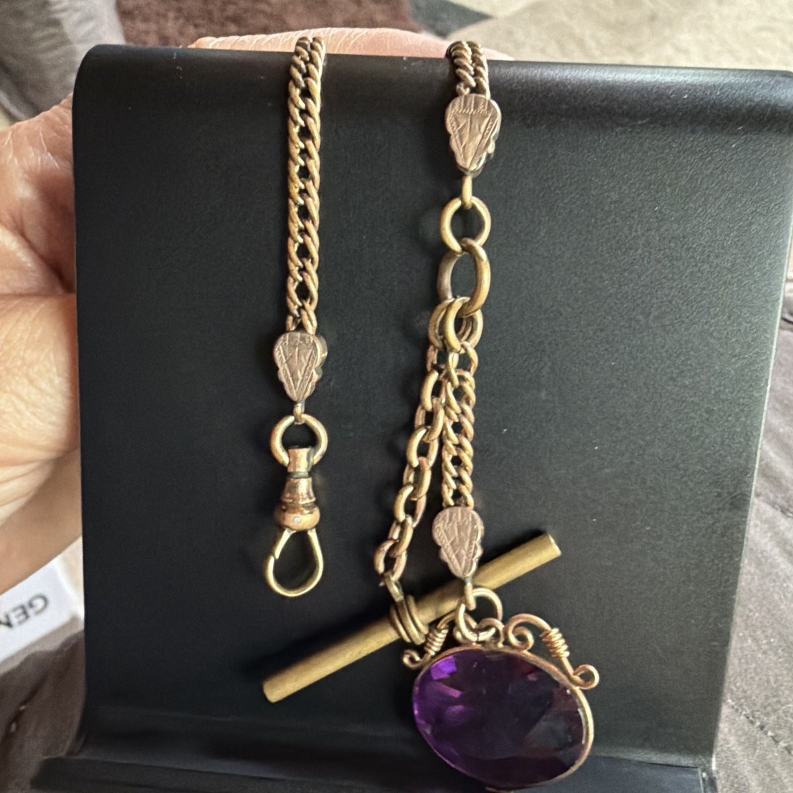 Victorian 23g Watch Chain 13” Gold Filled H.B. Co Gold Fill Purple Crystal Fob