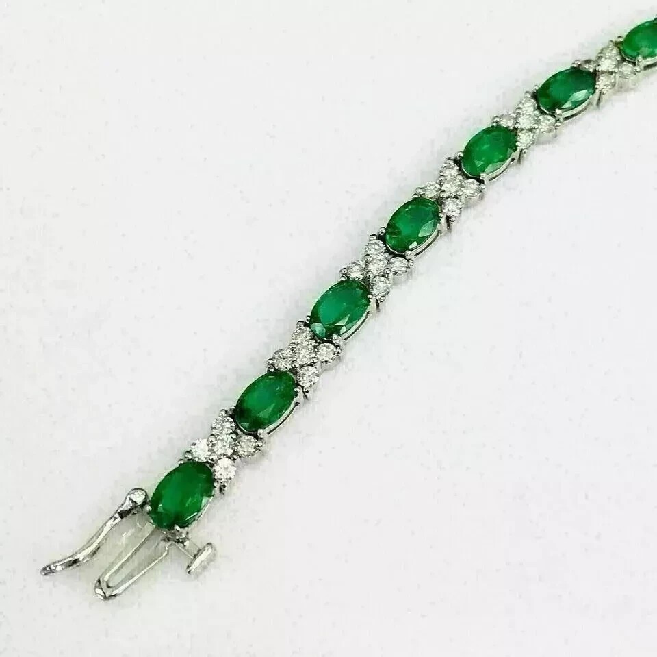 20 Ctw Oval Cut Created Emerald Women’s Tennis Bracelet 14K White Gold Plated