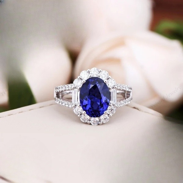 3.60 Ct Oval Natural Sapphire & Diamond Wedding Ring 14K White Gold Size 7