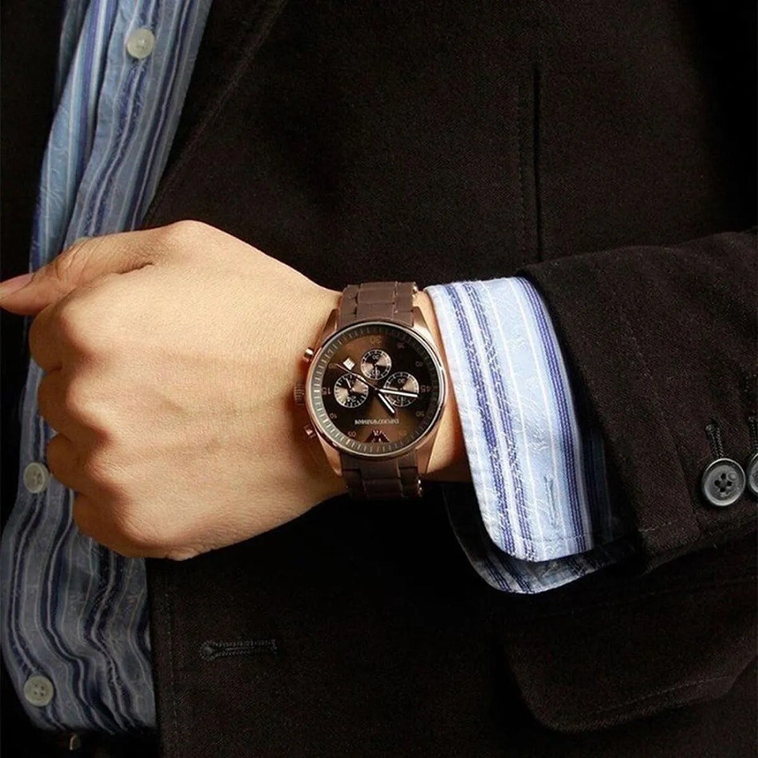NEW GENUINE EMPORIO ARMANI AR5890 BROWN & ROSE GOLD SILICONE STRAP MENS WATCH