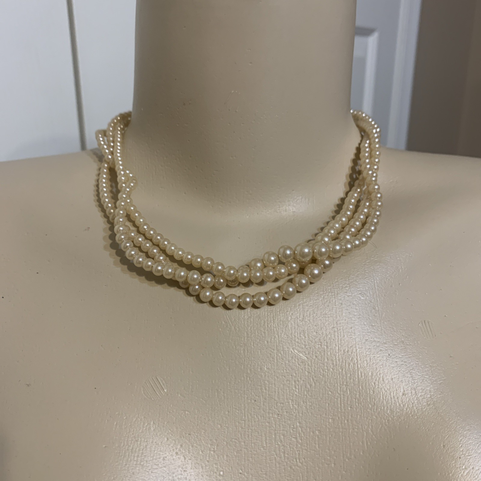 Vintage Deltah Triple Strand Faux Pearl Choker, Rhinestone Clasp (KA)