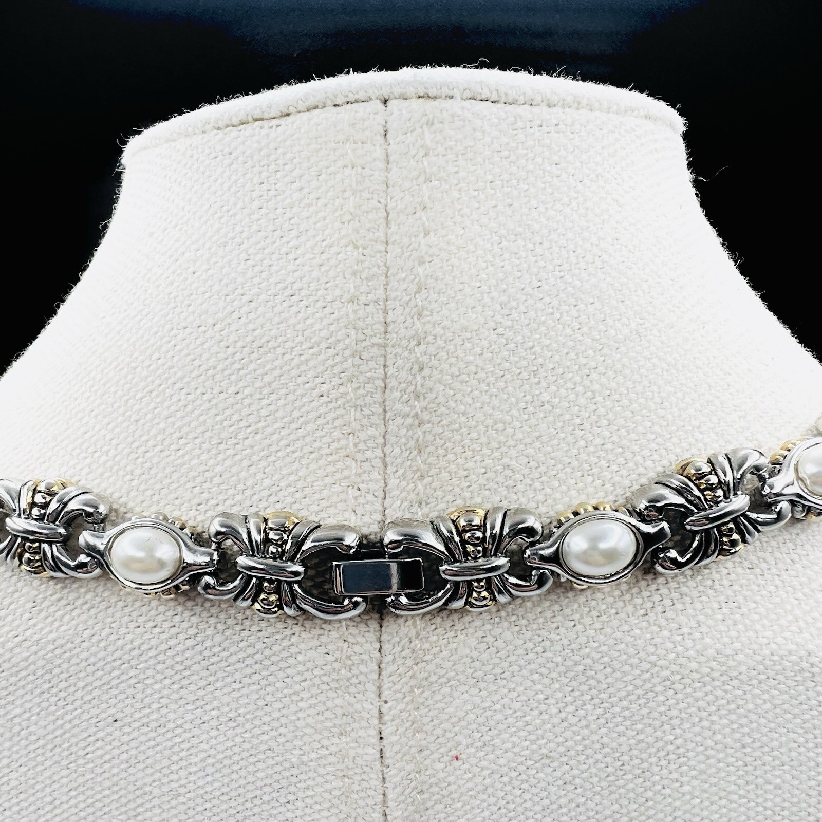 Mixed Metal Faux Pearl Choker Necklace Classic Link Vintage Style Statement Prom