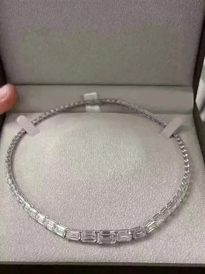 17Ct Emerald Cut Lab Created Diamond Women Tennis Necklace 14k White Gold Plated