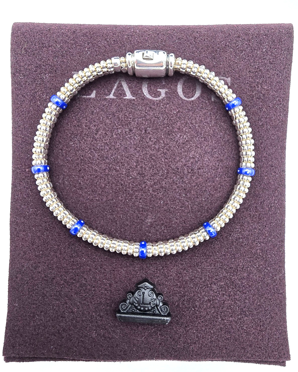 LAGOS Caviar 6mm Sterling Ultramarine Blue Ceramic 7 Station Bracelet & Pouch