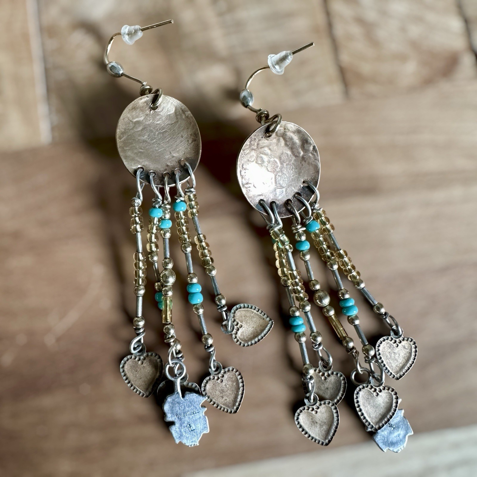 Artisan Western Hook Dangle Earrings 3 Inch Mixed Metals Beads Roses Hearts Love