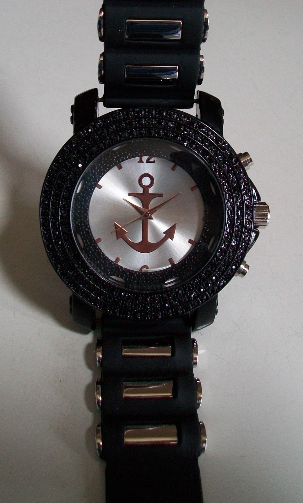 Black, Silver & Rose Gold Finish Anchor Silicone Band Fashion Casual Watch