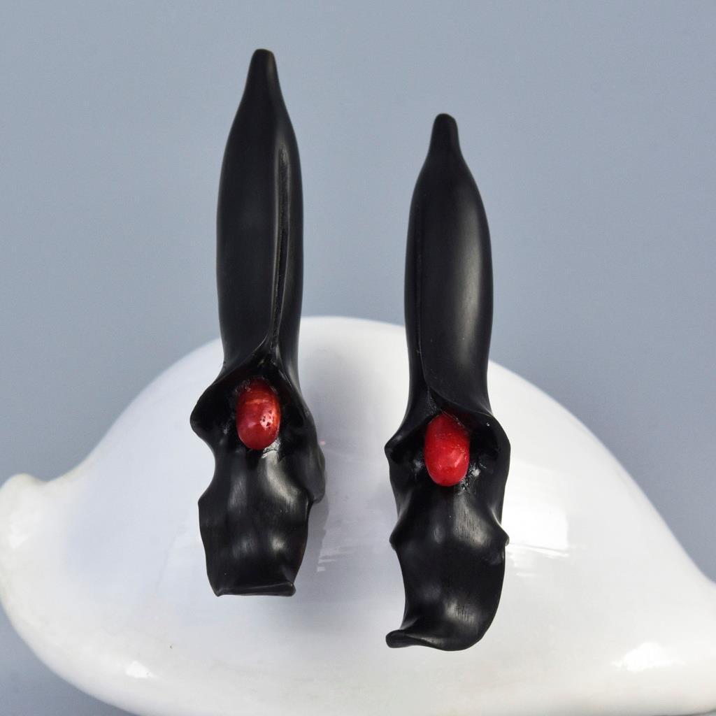 Trumpet Flower Earring Pair Carved Black Horn & Red Sponge Coral drilled 6.80g