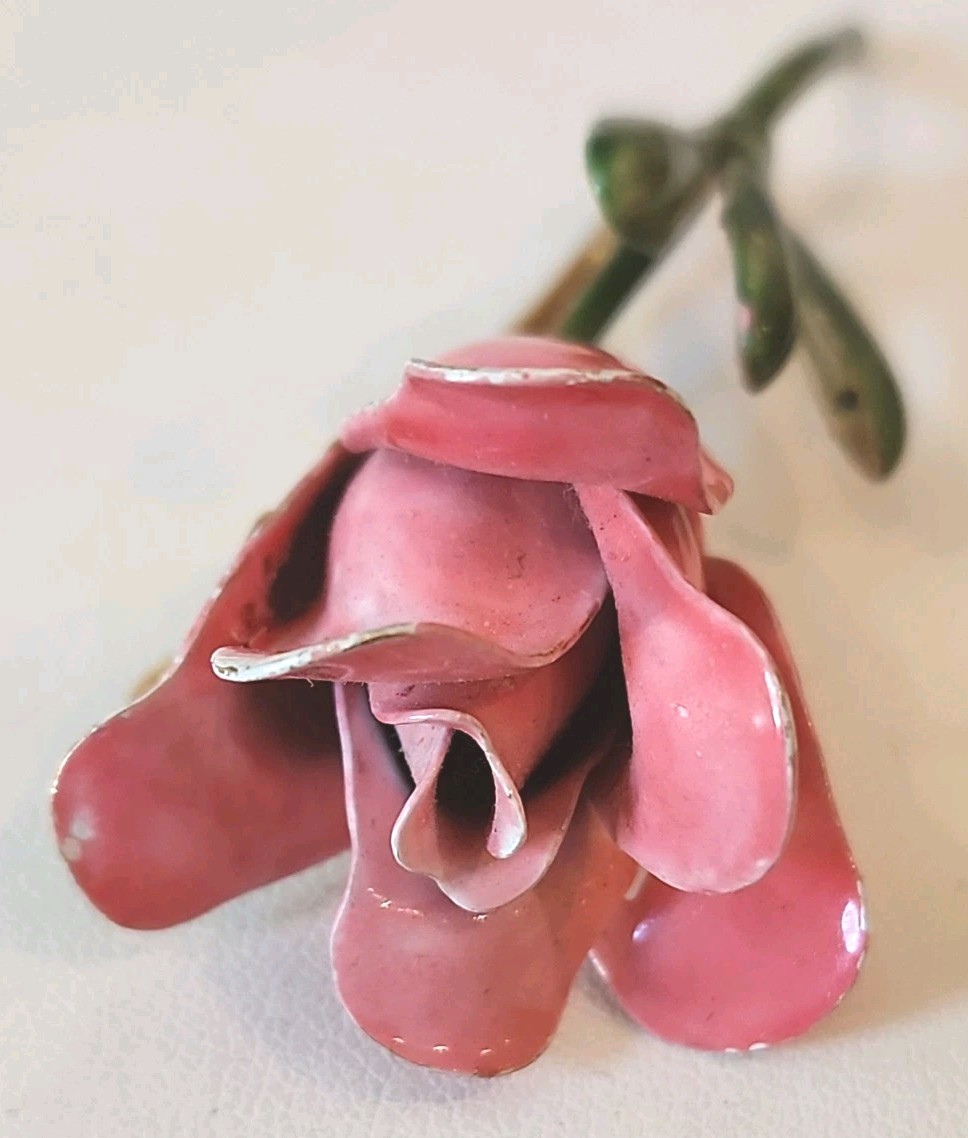 Vintage Original by Robert Pink Rose Enamel Brooch Floral Summer Bloom