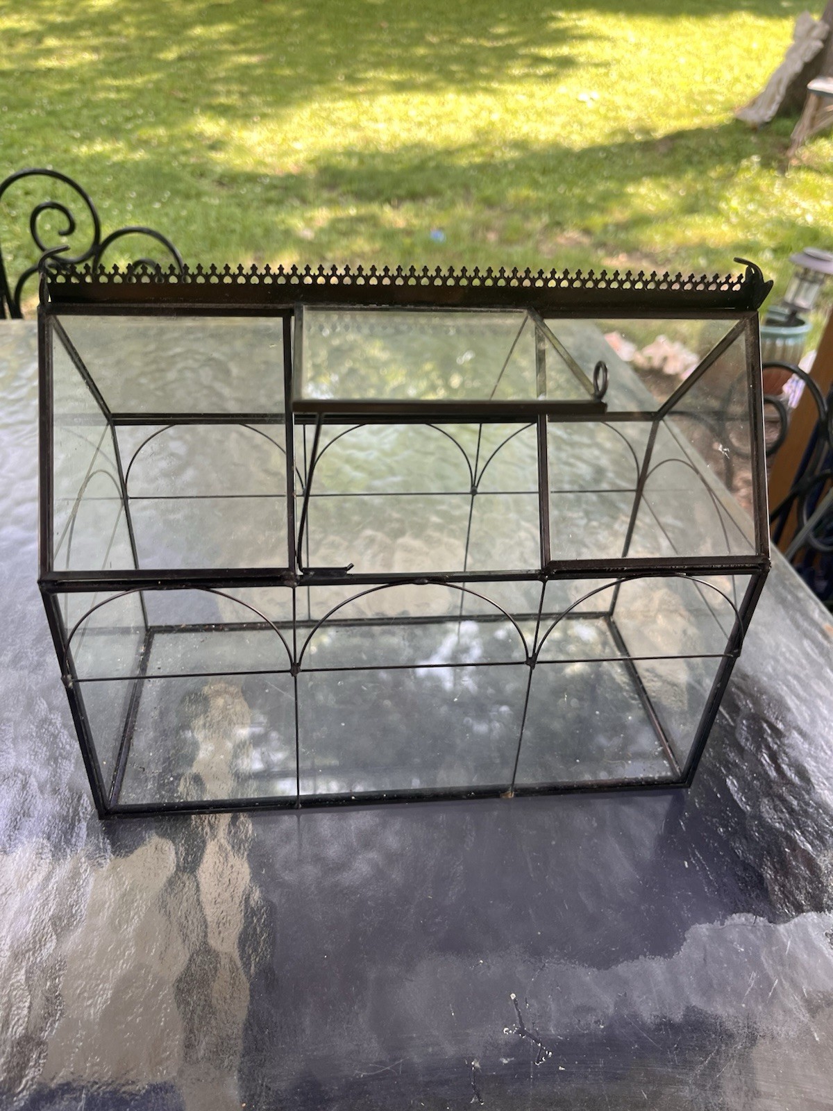 House-Shaped Glass & Metal greenhouse for plants, Black/Clear, 10 inches
