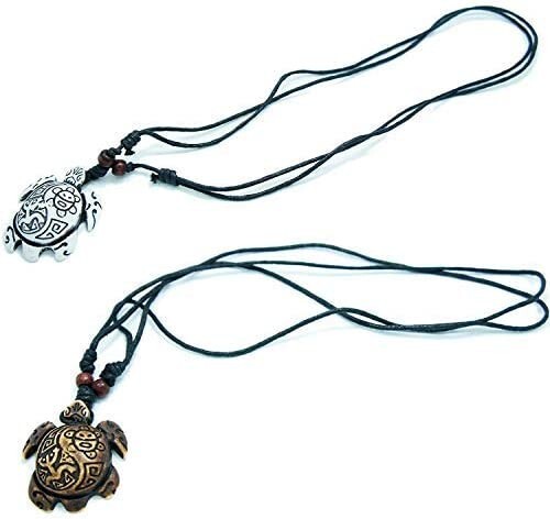 Lot of 2, White & Brown Wood Turtle Pendant Rope Necklace, Sun, Cotton Cord