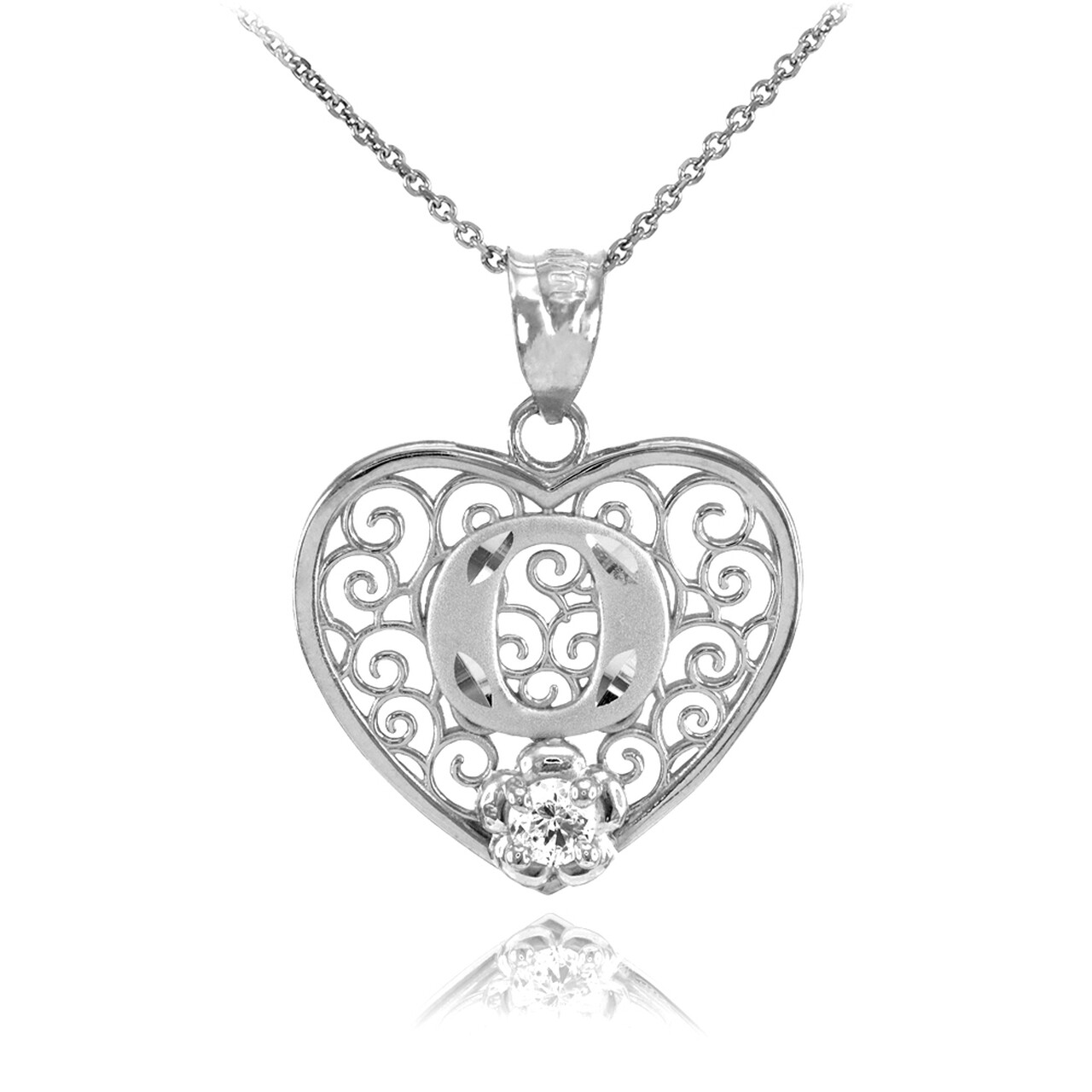 925 Sterling Silver Filigree Heart CZ Any / All Initial Letter Pendant Necklace
